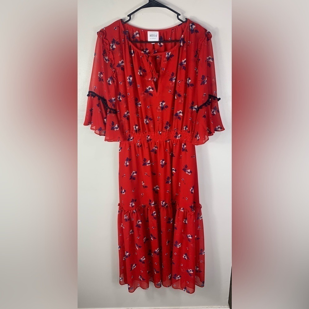 MISA LOS ANGELES Raquel Red Floral Two Layer Semi Sheer Midi Dress Sz S